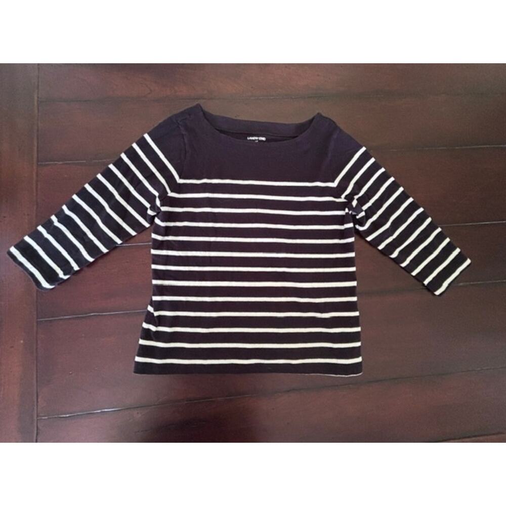 Lands End Womens LP 14-16 Navy White Striped 3/4 Sleeve Cotton Top